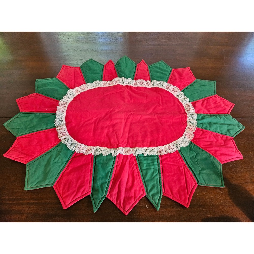 Vintage Quilted Table Topper Home Red Green Lace Trim Poinsettia Holiday Decor